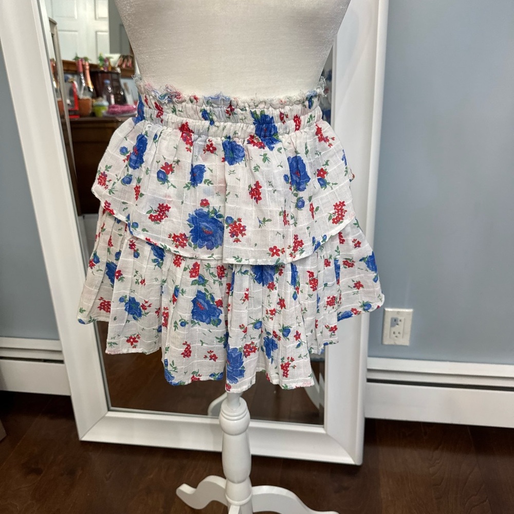 LoveShackFancy White Mini Skirt with Blue and Red Floral